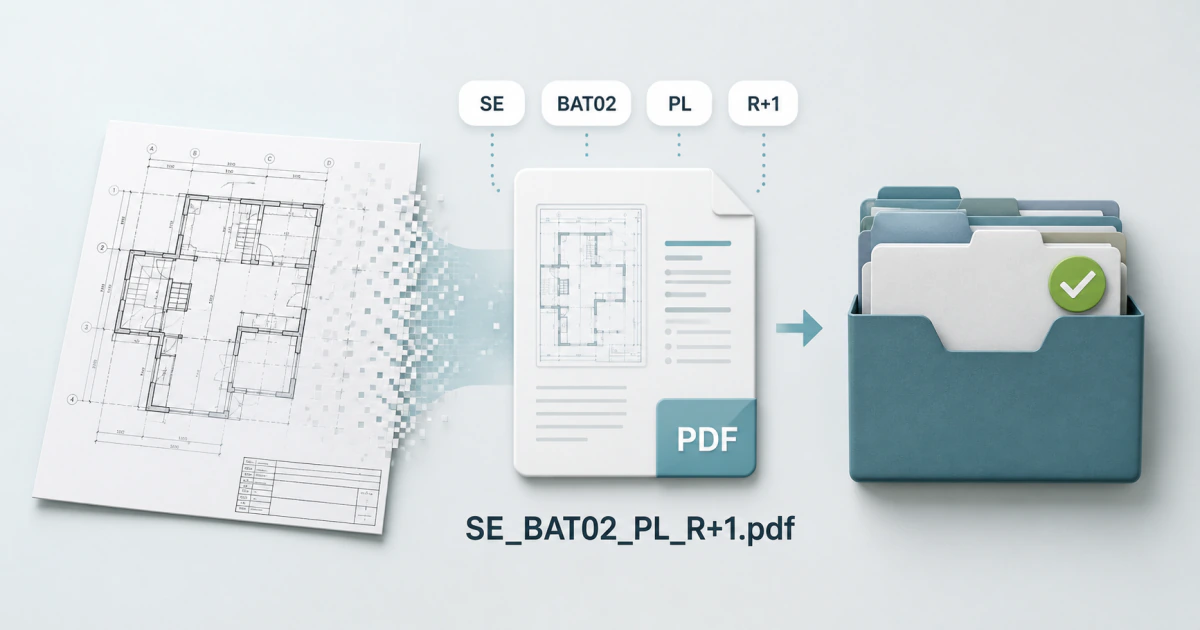 Un plan dont le fichier PDF se nomme SE_BAT02_PL_R+1.pdf, segments du code de nommage détaillés, classé dans un dossier validé