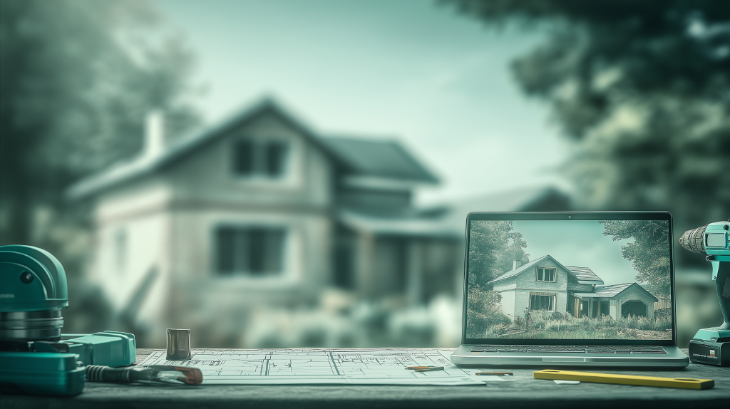 Propriétaire en Wallonie consultant des plans de travaux sans architecte avec outils et maison en arrière-plan