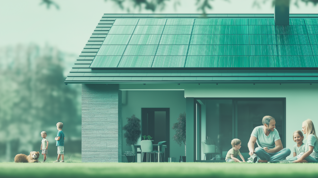 Famille belge profitant de leur jardin devant une maison équipée de panneaux photovoltaïques en Wallonie