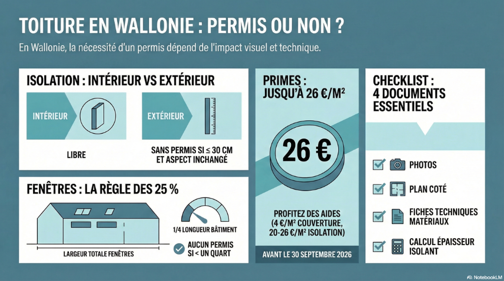 Infographie : Toiture en Wallonie, permis ou non ? Règles d'isolation, primes jusqu'à 26€/m² et checklist des 4 documents essentiels