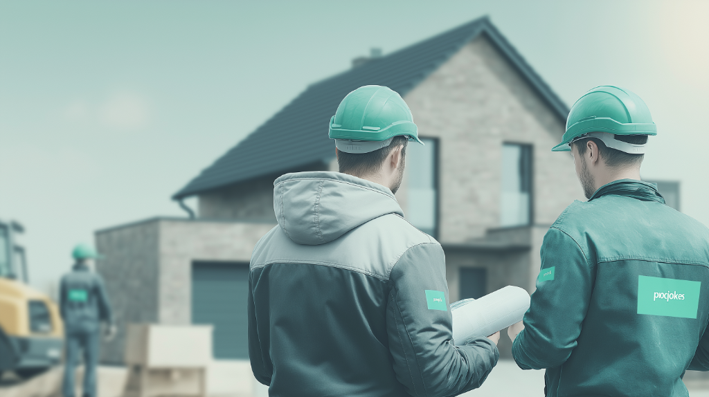 Ouvriers discutant d'un chantier d'isolation de façade devant une maison en Wallonie