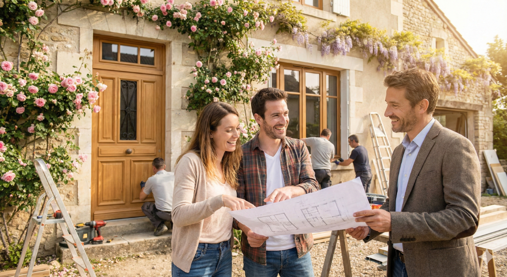 Couple consultant les plans de remplacement de châssis avec un architecte devant une maison en pierre en Wallonie