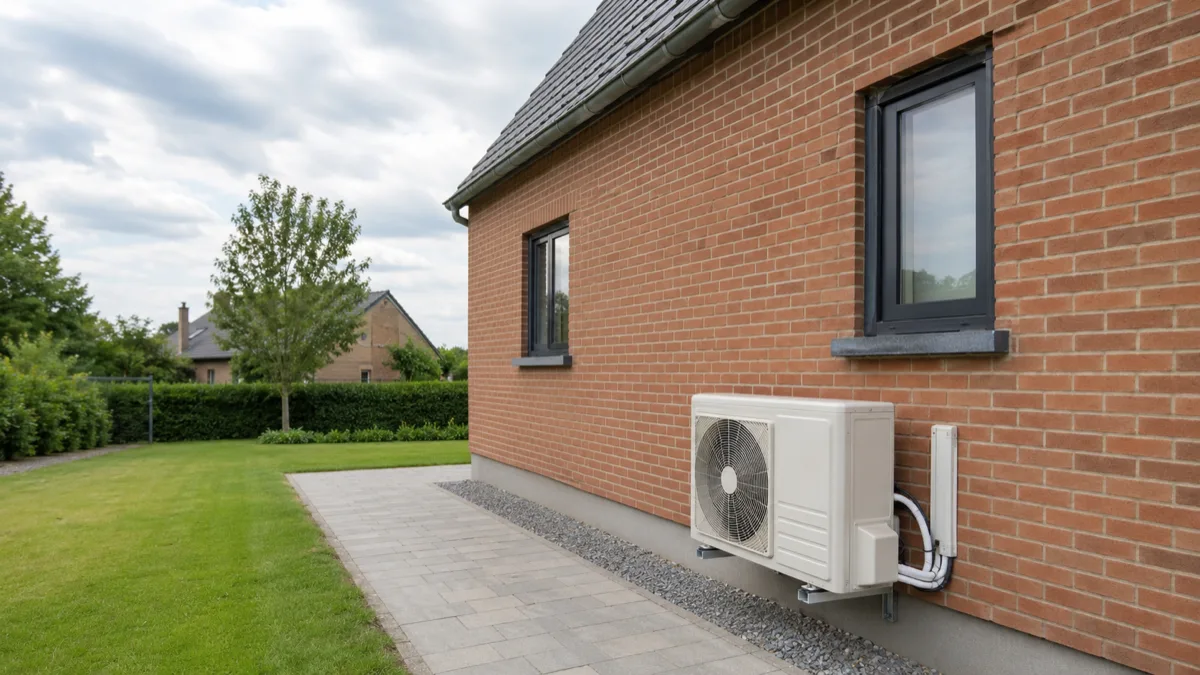 Unité extérieure de climatisation fixée sur la façade en briques d'une maison en Wallonie