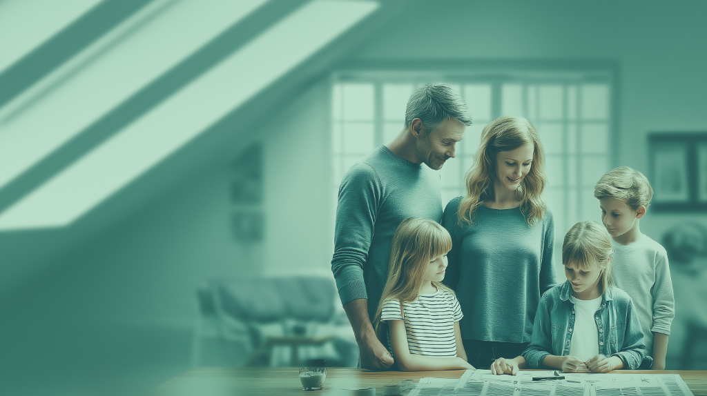 Famille belge heureuse dans un grenier aménagé avec velux et lumière naturelle