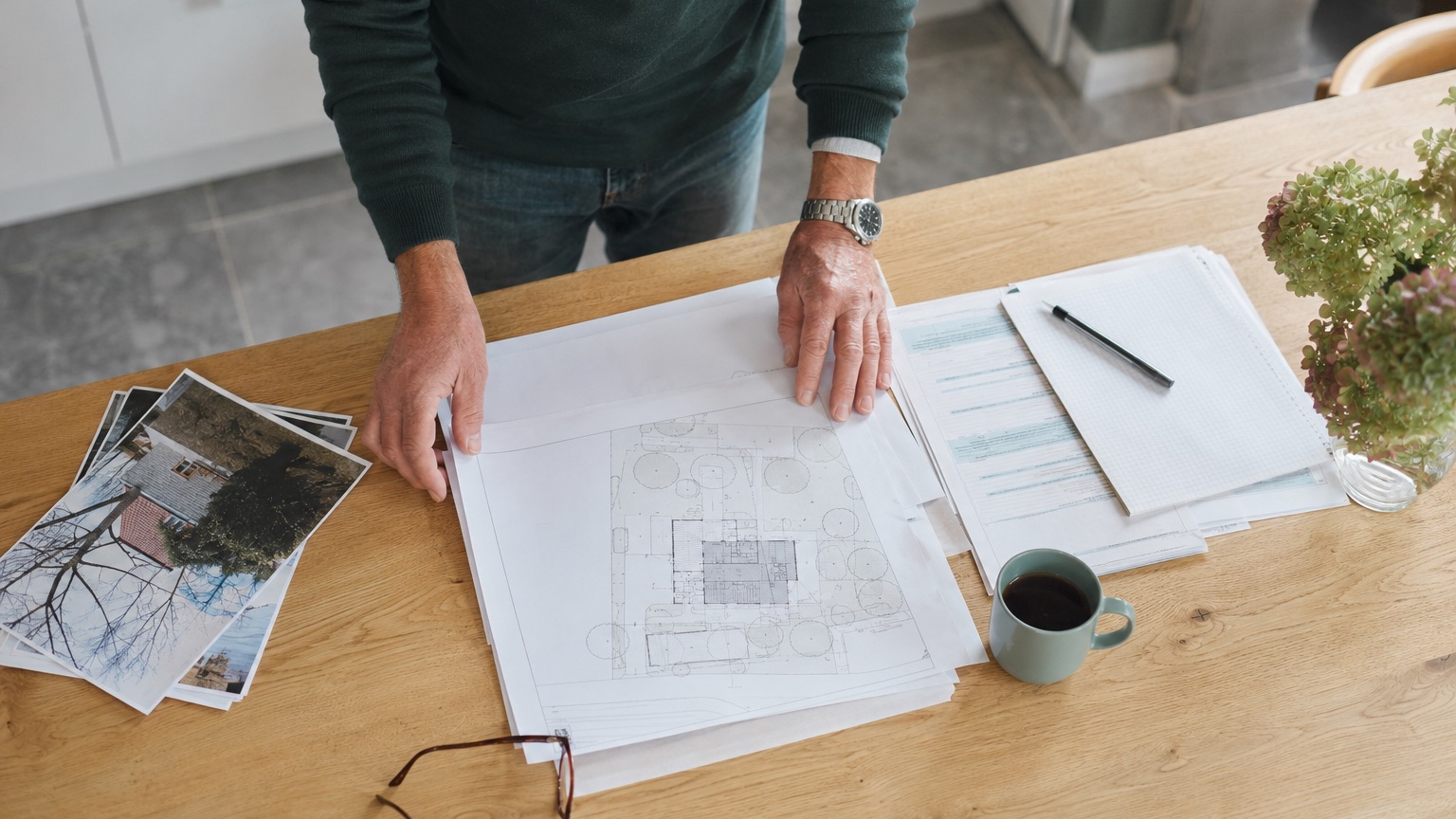Plan d'implantation, formulaires et photos d'un dossier de permis réunis sur une table