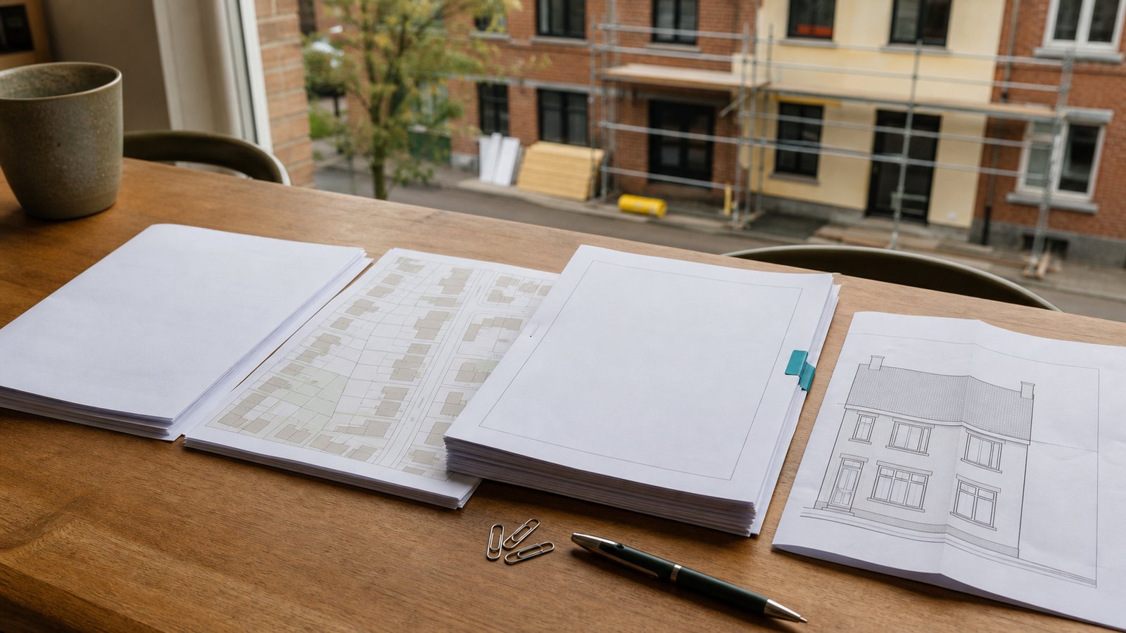 Dossier de permis d'urbanisme imprimé et prêt à déposer sur une table : liasses de documents, plan parcellaire et élévation de façade, avec une façade en cours d'isolation visible par la fenêtre
