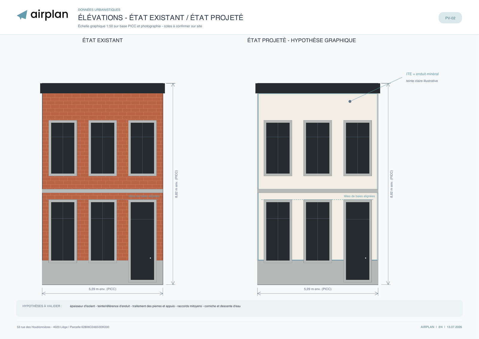 Planche du dossier d'exemple : élévations de la façade avant en état existant (briques rouges, encadrements en pierre) et en état projeté (enduit minéral clair), même cadrage, cotes en mètres