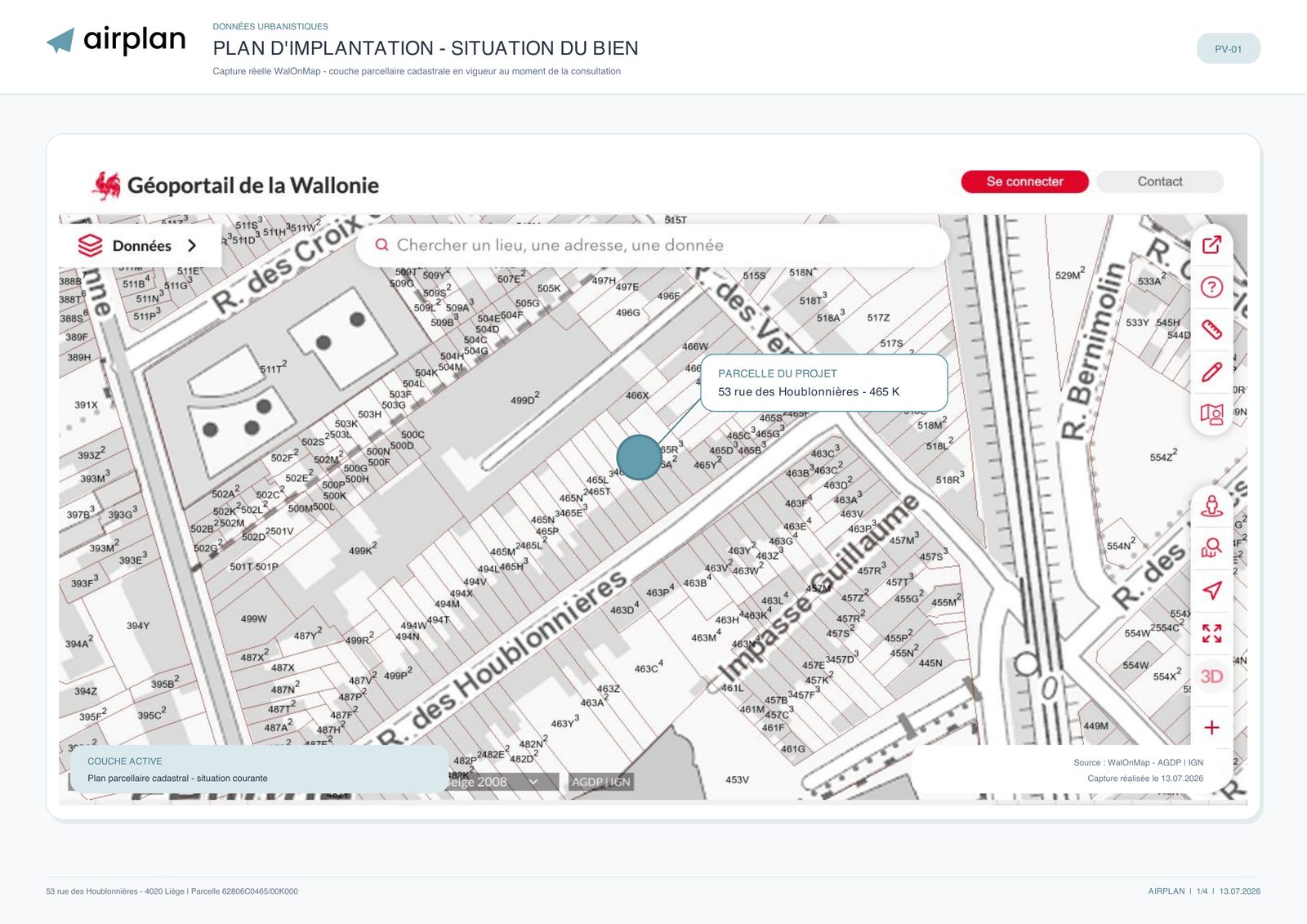 Planche du dossier d'exemple : localisation de la parcelle sur WalOnMap, couche « Plan parcellaire cadastral — situation courante », parcelle du projet repérée