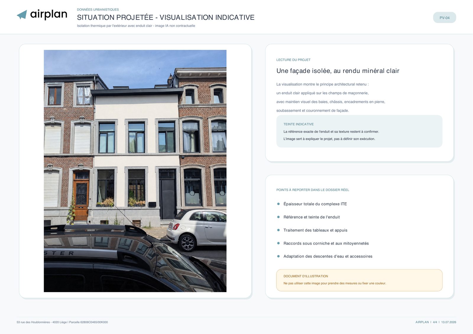 Planche du dossier d'exemple : visualisation indicative de la façade isolée avec enduit clair entre les maisons mitoyennes en briques, avec les points à reporter dans le dossier réel
