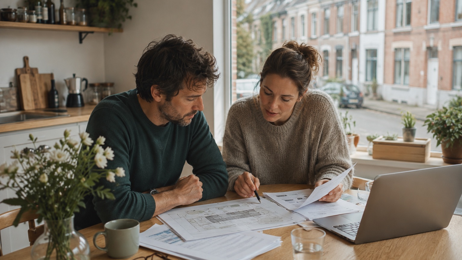 Couple préparant son dossier de permis d'urbanisme à la maison, plans et formulaires sur la table