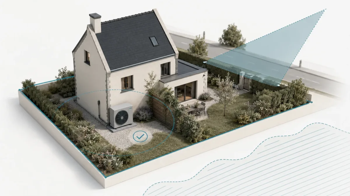 Vue 3D d'une maison en Wallonie : pompe à chaleur posée au sol, à 3 m des limites mitoyennes et non visible depuis la voirie de desserte